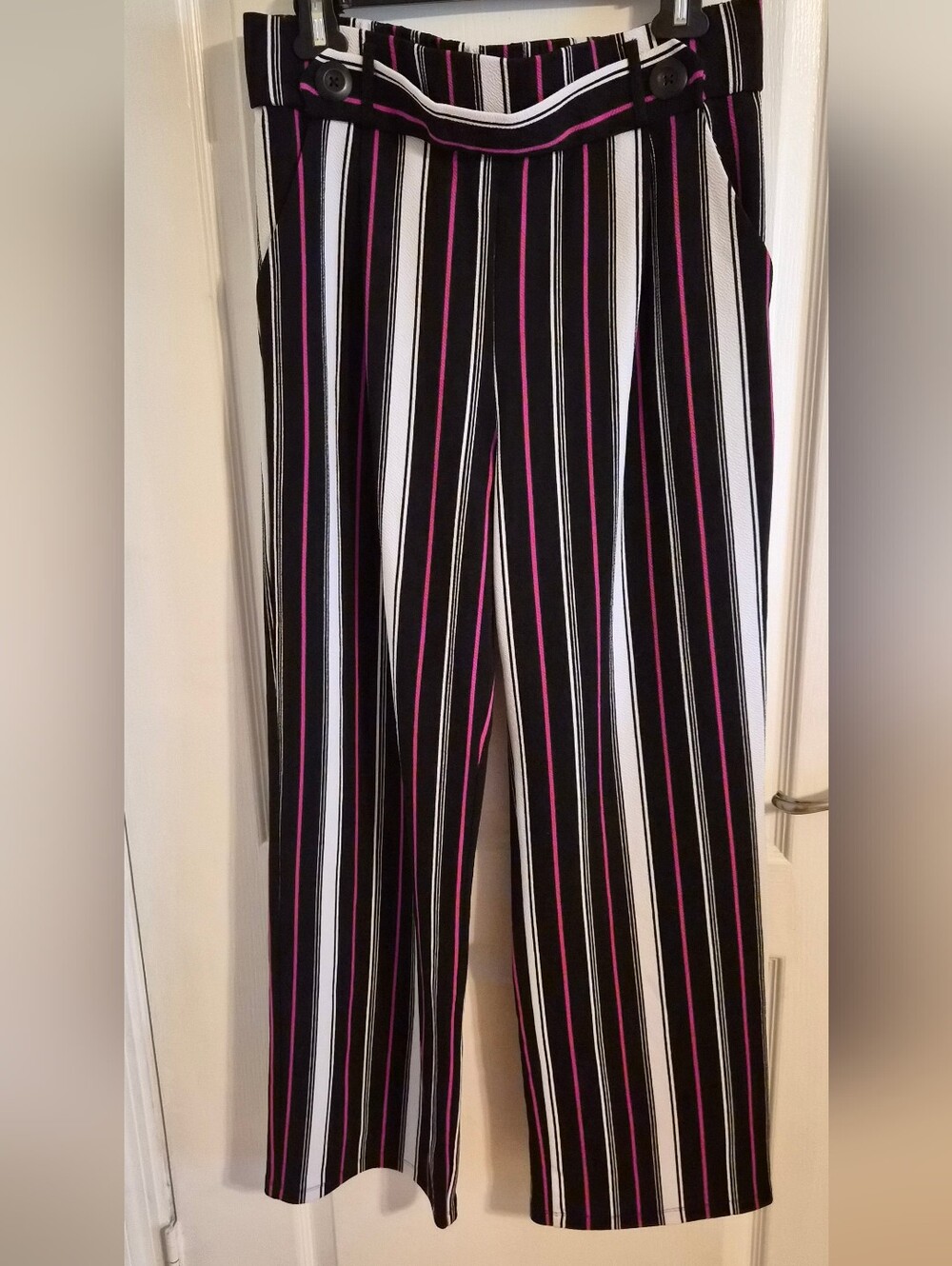 High-Rise Wide-Leg Striped Pants in Black, White & Pink